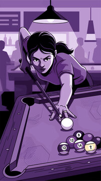 Determined Young Woman Playing Pool in Dimly Lit Bar, Focused Expression, Aiming Cue Ball, Billiard Balls on Table, Flat Design Vector Illustration