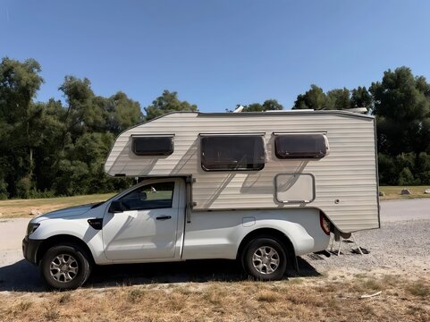 White pickup truck with camper shell parked outdoors during daylight with trees background