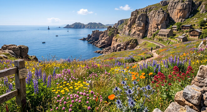 Colorful wildflowers blooming beside rugged rocky shoreline overlooking calm blue ocean during beautiful summer day