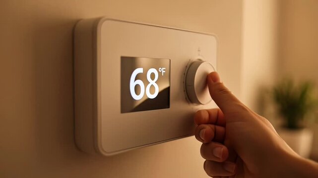 ?Adjusting the thermostat: a hand setting room temperature from 72&deg;f to 68&deg;f