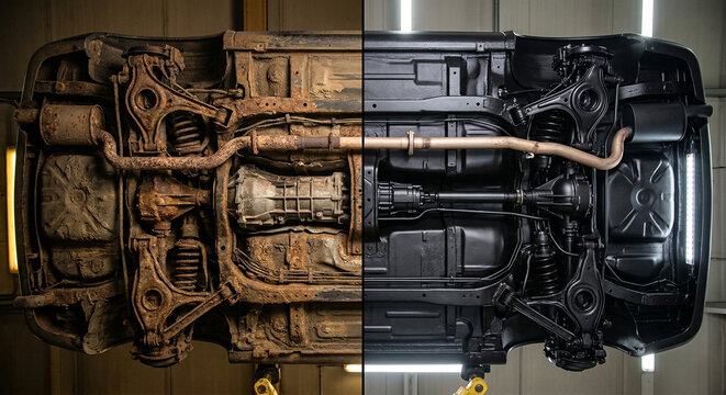 Car Undercarriage Before and After Rust Restoration and Professional Maintenance