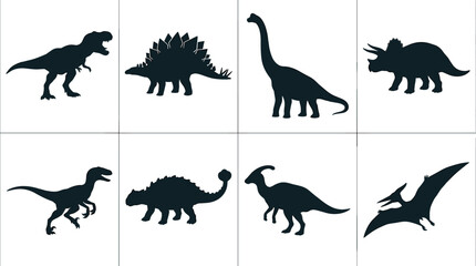 Dinosaur Silhouette Clipart Panel Collection Vector Featuring Tyrannosaurus Rex Triceratops Stegosaurus Brachiosaurus and Flying Pterodactyl Elements © MstAnzu