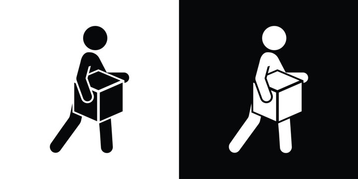 Vector icon of a delivery person or courier carrying a cardboard box. Presented in black and white styles, representing logistics, relocation, shipping, and moving services.