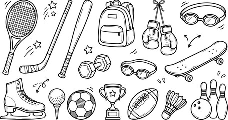 Hand Drawn Sports Equipment Doodle Icon Set Pack with Soccer Tennis Hockey Boxing Skating and Fitness Elements for Creative Kids School Graphic Design © REYAD
