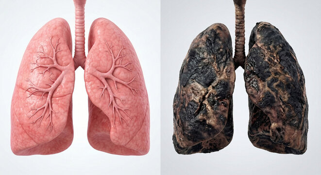 Healthy and Diseased Lungs Illustrating Impact of Smoking