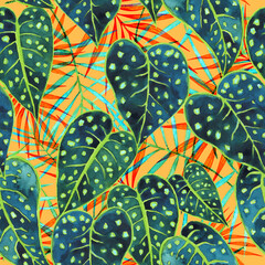 Seamless colorful summer jungle foliage pattern. Watercolor tropical leaves background © AineGing