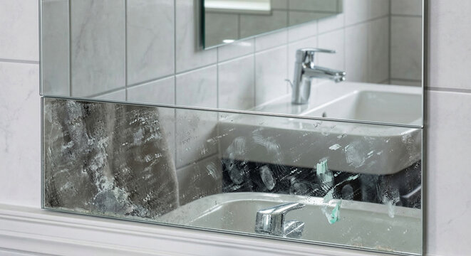 Dirty bathroom mirror with smudges and fingerprints showing need for cleaning.