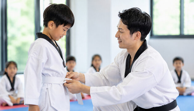 A scene showing a teacher tying a child's belt