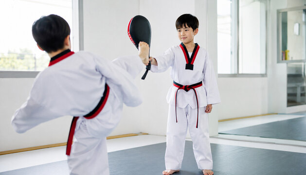 A scene showing someone practicing kicks while holding a target pad