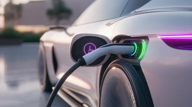 Electric vehicle charging at a station close up. Futuristic car with glowing indicator lights. Sustainable transport concept