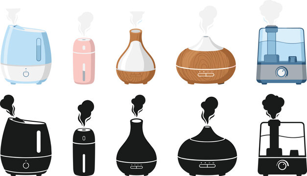 Humidifier collection, aroma diffuser and mist maker appliances, home air treatment devices, vector illustration bundle