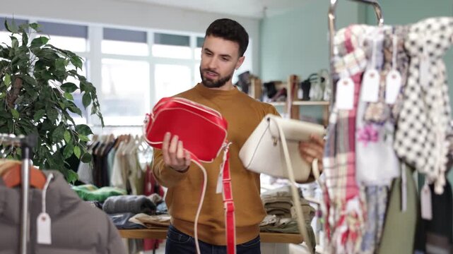 Man chooses a stylish handbag in a clothing and accessories store. Buyer holds a red and white handbag in his hands and thinks about which one to choose for a gift for his wife. High quality 4k