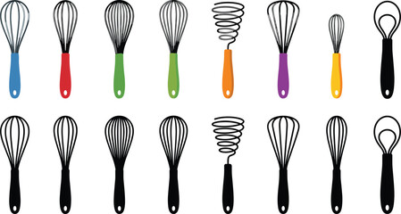 Kitchen whisk collection, baking and mixing utensils, handheld cooking tools, vector illustration bundle set © VectoBloom