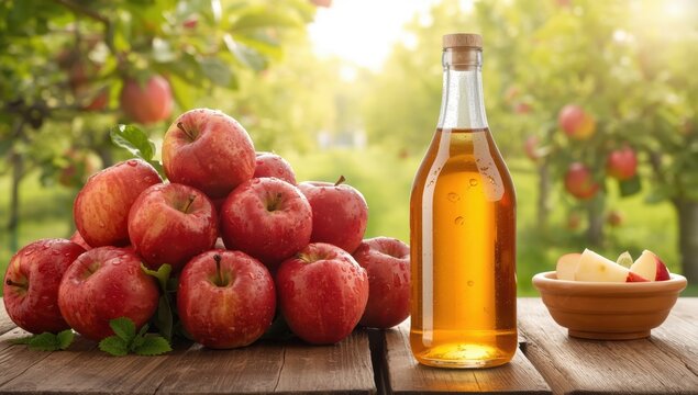 Delicious red apples and vinegar made from them
