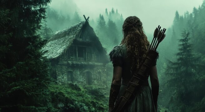 Viking woman stands with her back holding a quiver of arrows hanging on a background of a medieval house and a dense green pine forest