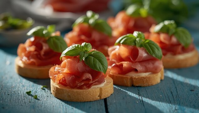 Delicious sandwiches featuring cured ham and basil on a blue wooden surface, close-up.