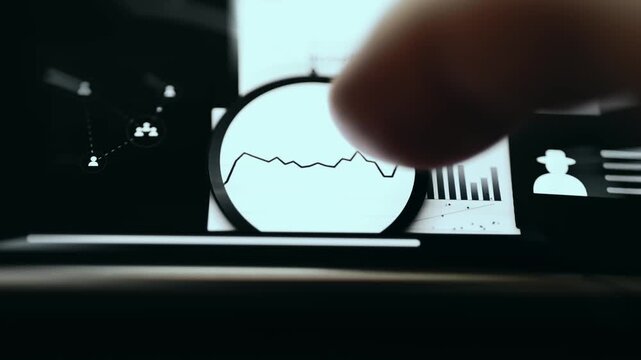 Line chart being viewed through a magnifying glass