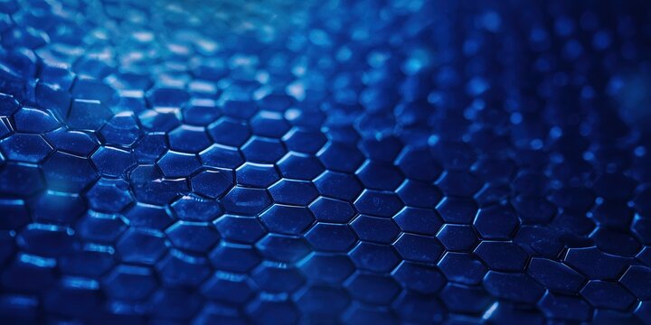 Close up of a metallic blue hexagonal honeycomb surface with reflective surfaces and shallow depth of field for a modern industrial technology look.