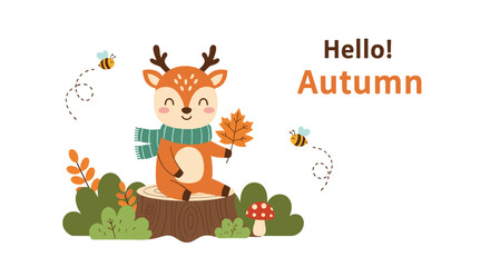 Fototapeta premium Adorable cartoon deer sitting on a wooden stump surrounded by colorful autumn leaves and flying bees with hello autumn greeting text.