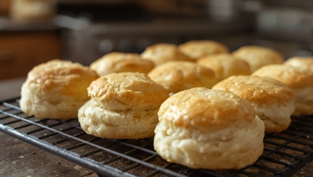 Detailed view of a cooling rack with newly baked biscuits.