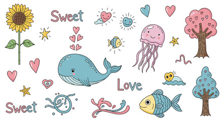 Fototapeta premium Sweet collection of ocean-themed illustrations featuring a blue whale, jellyfish, fish, hearts, trees, and cute sea creatures.