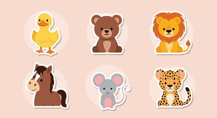 Fototapeta premium Set of six adorable animal sticker designs featuring a duck, bear, lion, horse, mouse, and leopard with a white cutout border.