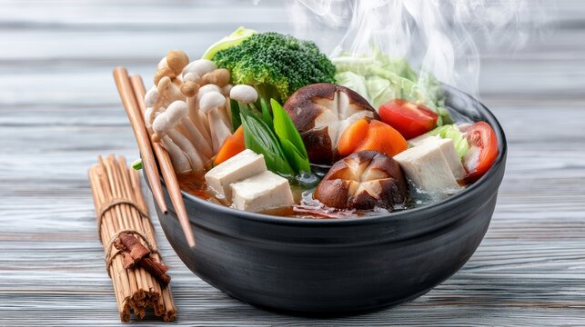 Delicious Traditional Japanese Nabe Hot Pot Served with Fresh Vegetables and Tofu in Stylish Bowl