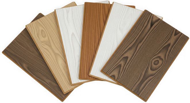 Set of various wooden floor samples in a fan arrangement isolated on transparent background