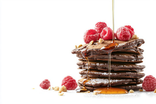 Chocolate pancake stack with syrup, raspberry, and nut garnish on white background, sweet breakfast dessert close up