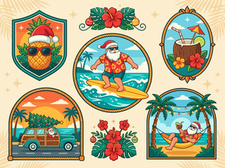 Retro Tropical Christmas Sticker Set with Surfing Santa, Pineapple, and Beach Holiday Elements © Jugel