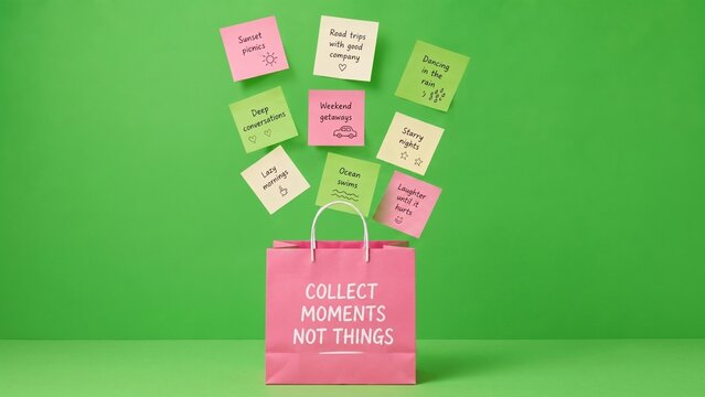 Collect Moments Not Things concept with pink shopping bag and sticky notes
