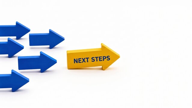 Next Steps concept with yellow arrow leading blue arrows