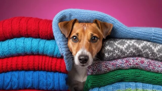 Cute jack russell terrier peeking out from a stack of sweaters