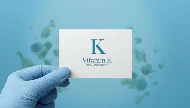 Phylloquinone symbol on a card. Doctor's gloved hand against a blue backdrop. Healthy lifestyle concept of Vitamin K.
