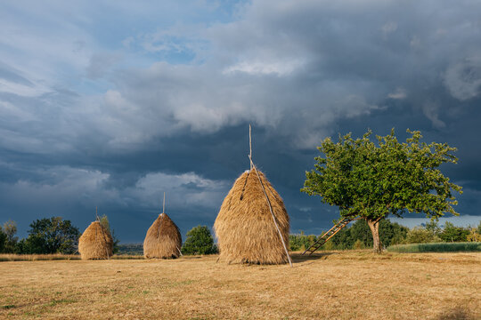 Summer image with hay stacks and dark clouds. Summer rain coming. 