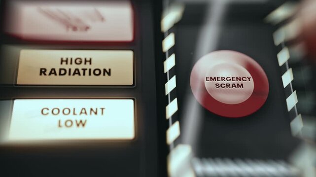 Warning indicators alongside a Red button labeled EMERGENCY SCRAM being activated