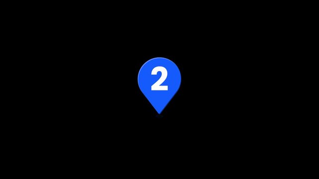 Blue location pin with number two animation on transparent background for map navigation GPS destination marker and waypoint indicator alpha channel