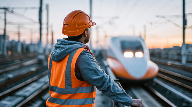Male worker observing a high-speed train approaching at sunset.