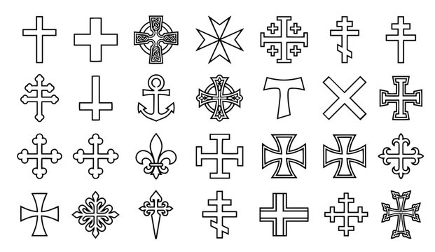 Christian cross and religious symbol outline vector set with historic cross designs