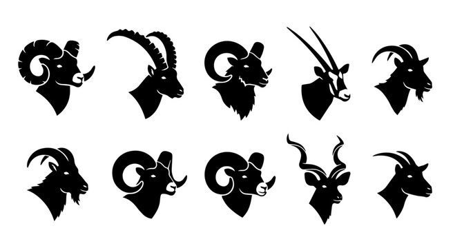 Wild goat and ram head silhouette vector set with horned animal profile collection