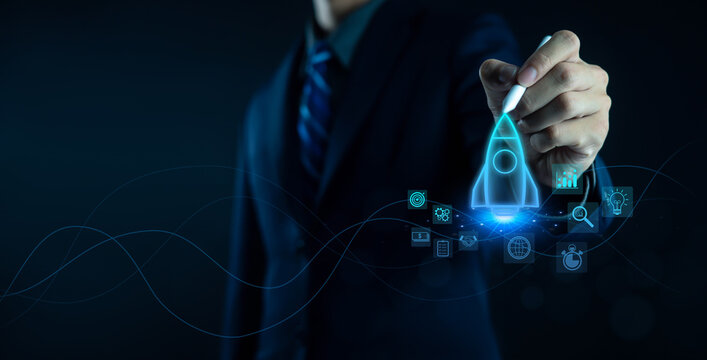 Startup rocket, innovative ideas, business creativity, marketing, entrepreneurial investment. Plan on the concept of communication to develop a successful project. thrive professionally