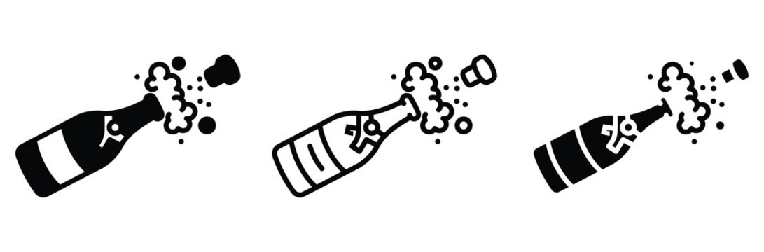 WebChampagne bottle popping icon set. Sparkling wine explosion symbol, celebration party toast concept, line and glyph vector sign for new year wedding web UI design, mobile app. Vector illustration