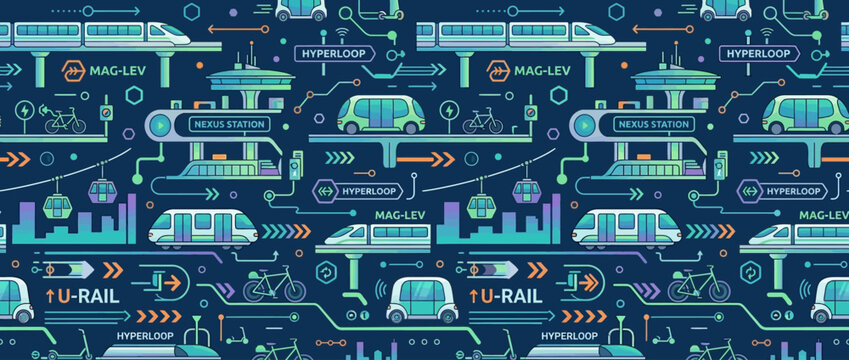 Futuristic Transportation Seamless Pattern: Maglev, Hyperloop, U-Rail, Autonomous Vehicles