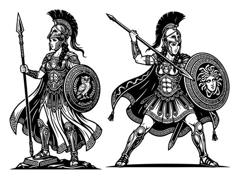 athena greek goddess warrior with spear and shield line art illustration