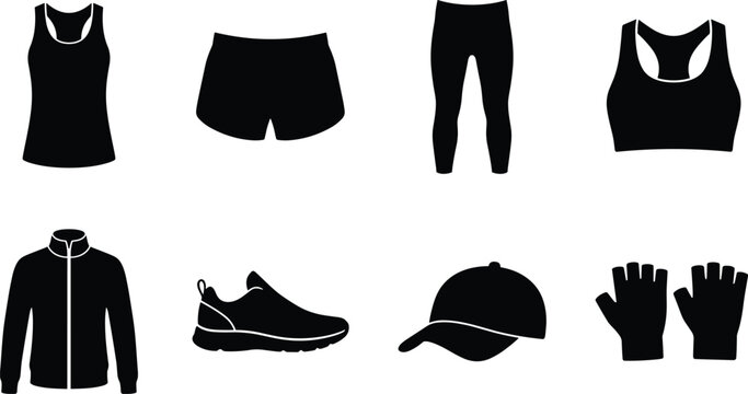 Activewear and Fitness Apparel Solid Icon Set Featuring Sports Clothing Shoes Cap and Workout Gear