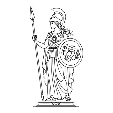 athena statue standing with spear and owl shield line art