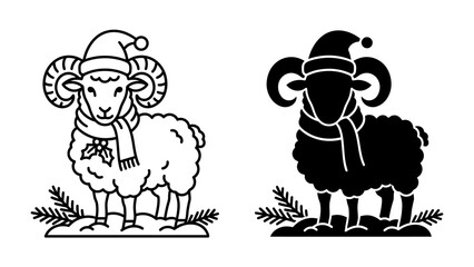 Festive Ram Duo: A charming ram adorned with a Santa hat and festive scarf stands proudly amidst pine sprigs, presented in both outline and silhouette for versatile holiday designs. © Ajm