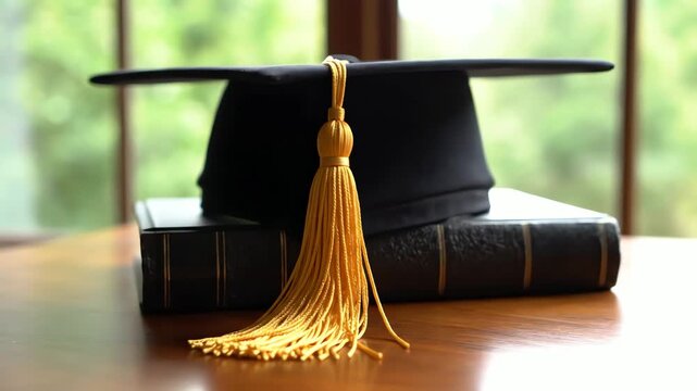 Graduation cap and yellow tassel resting on a stack of books. 4K Video