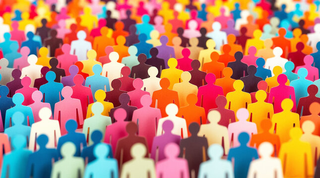 huge crowd or mass of people made from colorful abstract human figure paper cut outs representing community and diversity