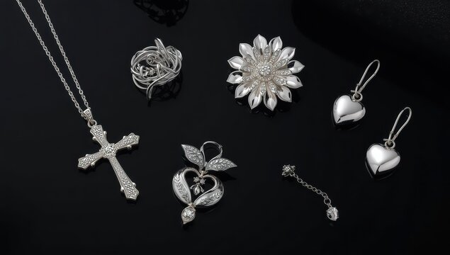 Elegant crafted silver jewelry on dark backdrop, Silver adornments for women.